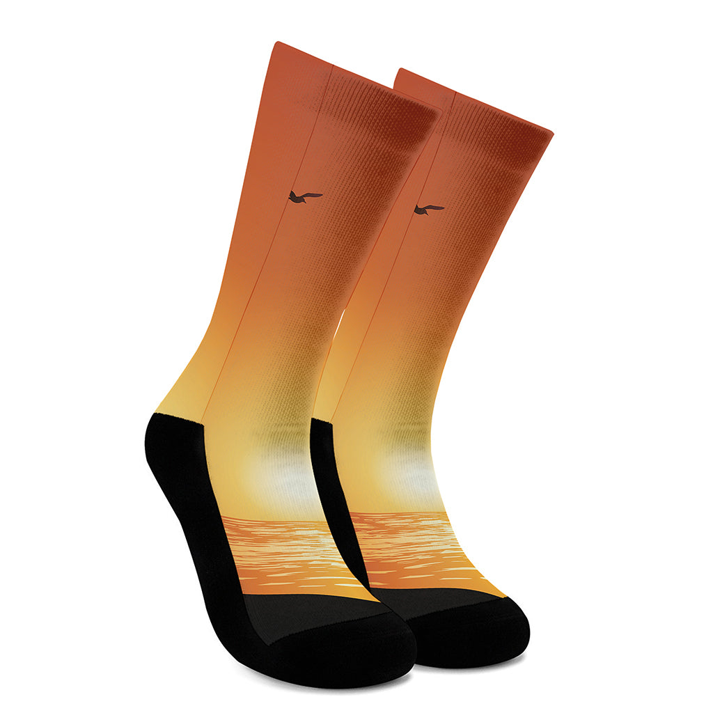 Palm Tree Beach Sunset Print Crew Socks