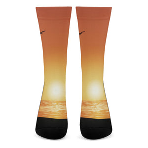 Palm Tree Beach Sunset Print Crew Socks