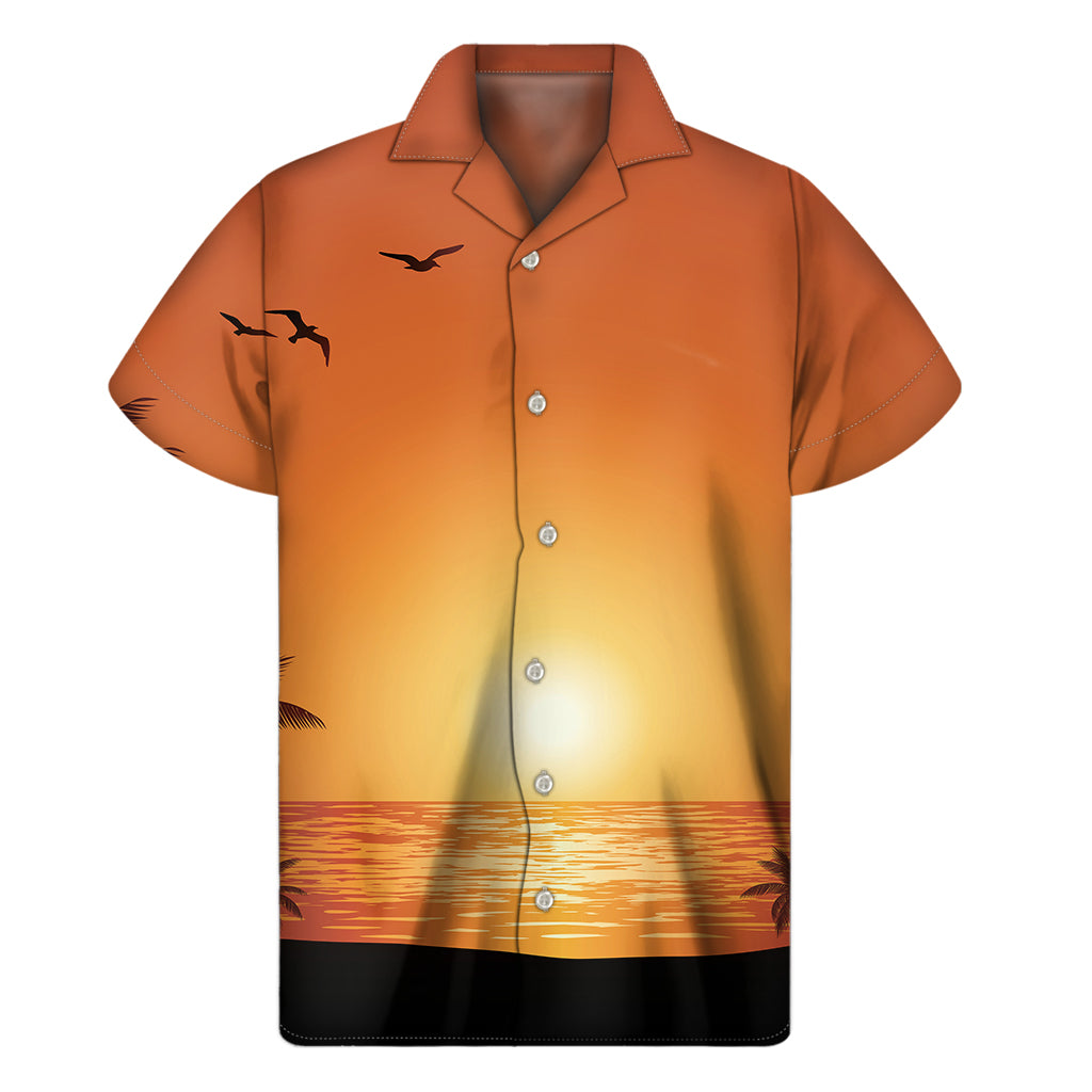 Palm Tree Beach Sunset Print Men's Short Sleeve Shirt