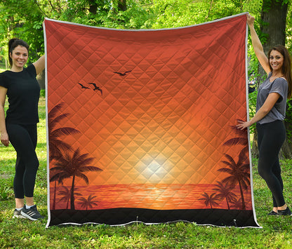 Palm Tree Beach Sunset Print Quilt