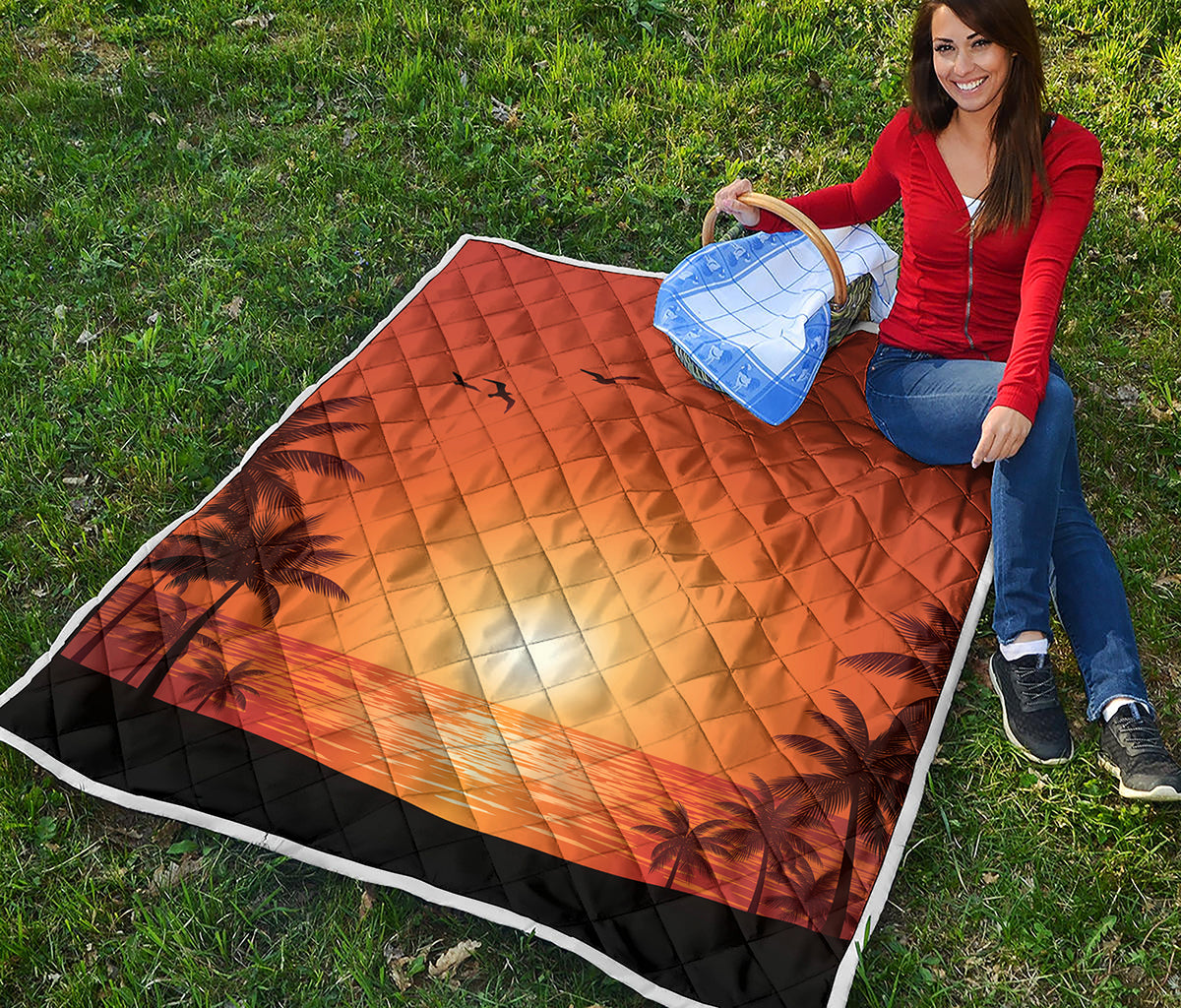 Palm Tree Beach Sunset Print Quilt