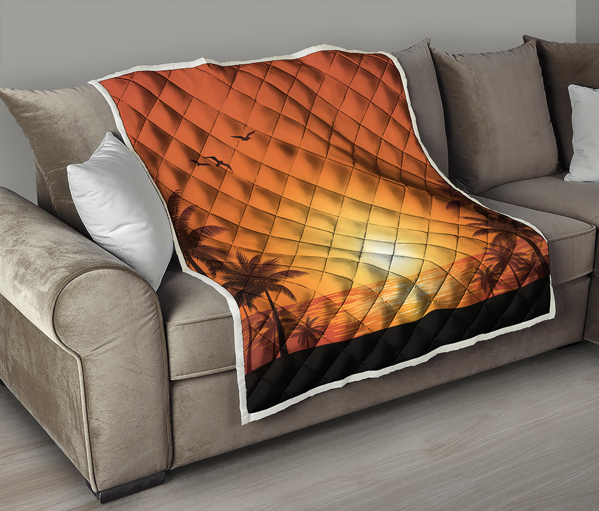 Palm Tree Beach Sunset Print Quilt
