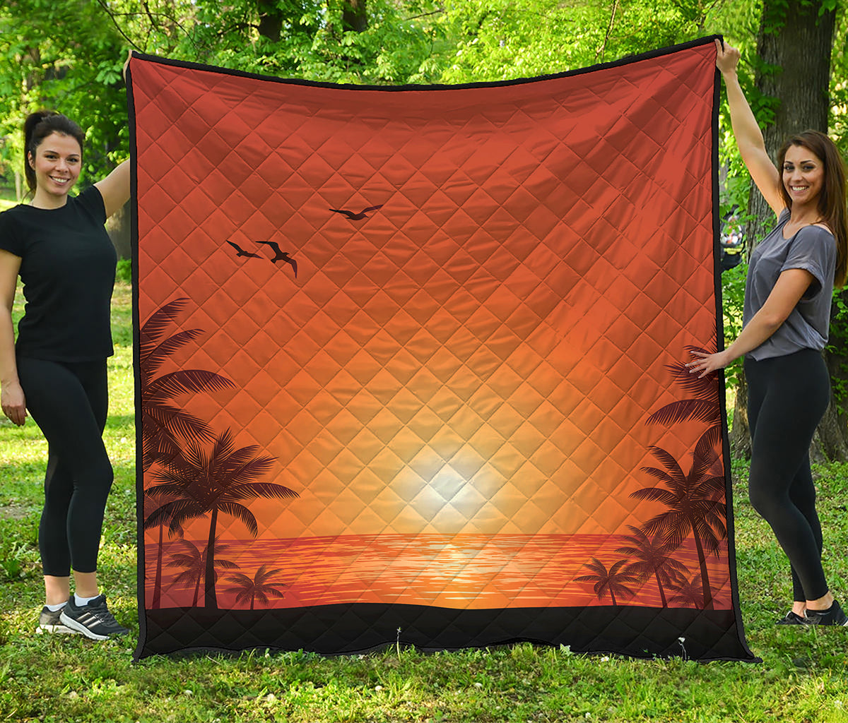 Palm Tree Beach Sunset Print Quilt