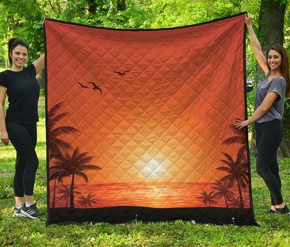Palm Tree Beach Sunset Print Quilt