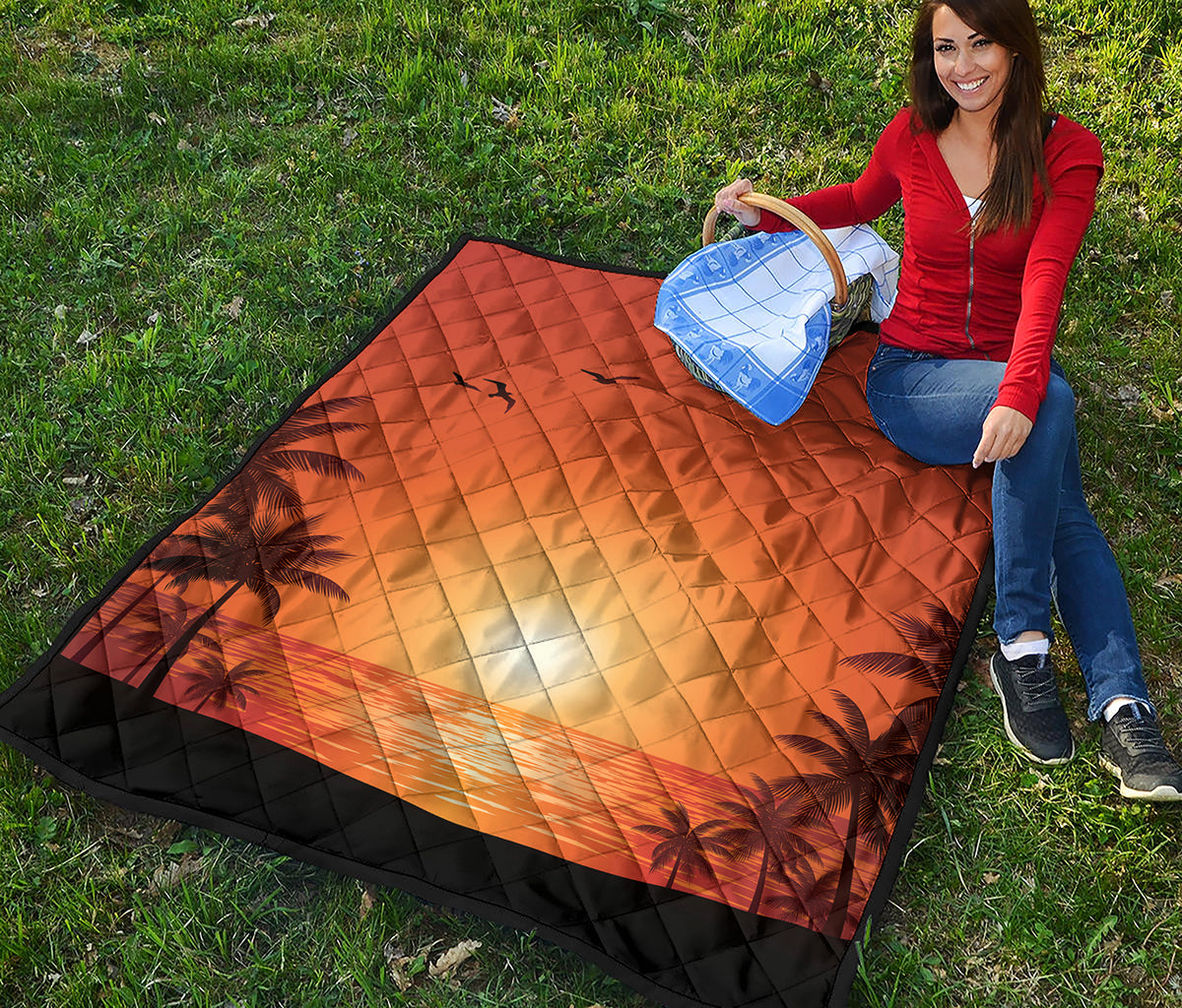 Palm Tree Beach Sunset Print Quilt