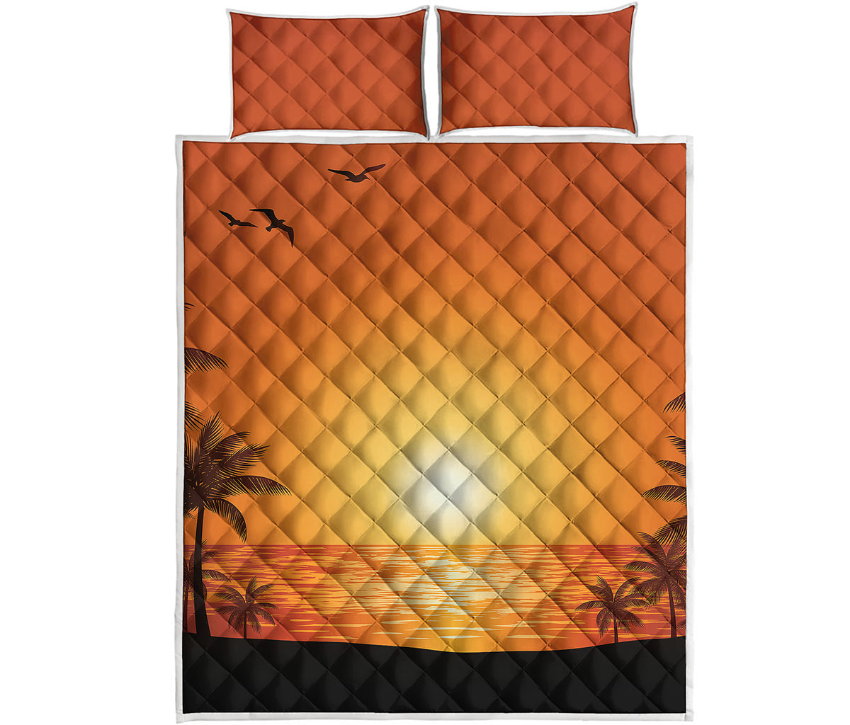 Palm Tree Beach Sunset Print Quilt Bed Set