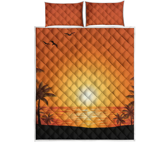Palm Tree Beach Sunset Print Quilt Bed Set