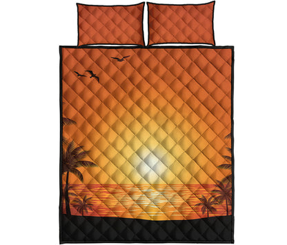 Palm Tree Beach Sunset Print Quilt Bed Set