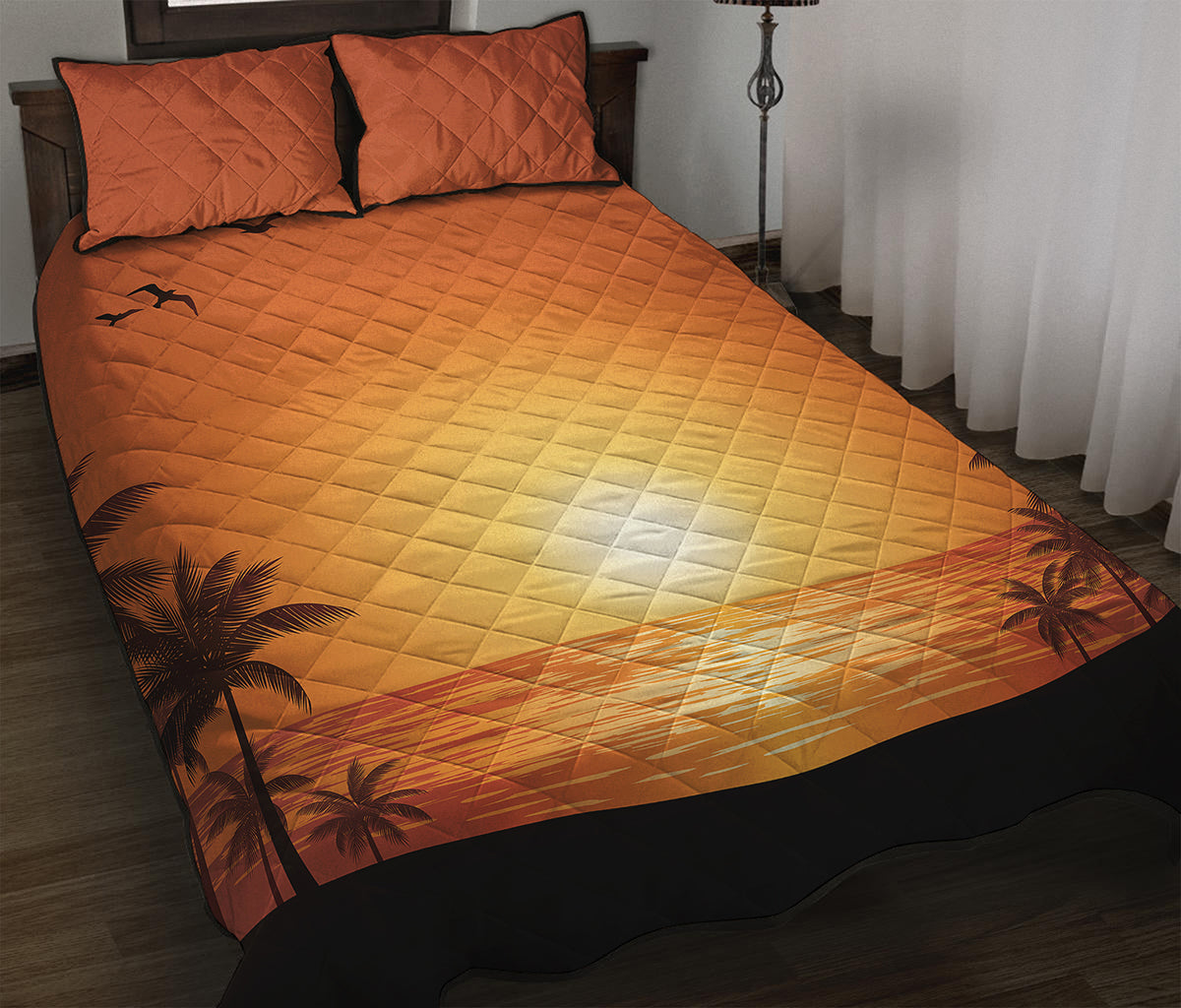 Palm Tree Beach Sunset Print Quilt Bed Set