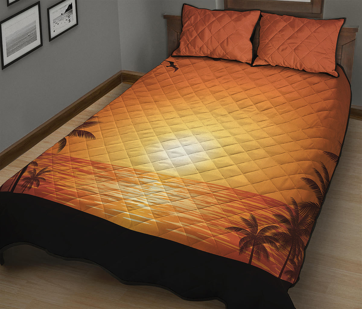 Palm Tree Beach Sunset Print Quilt Bed Set