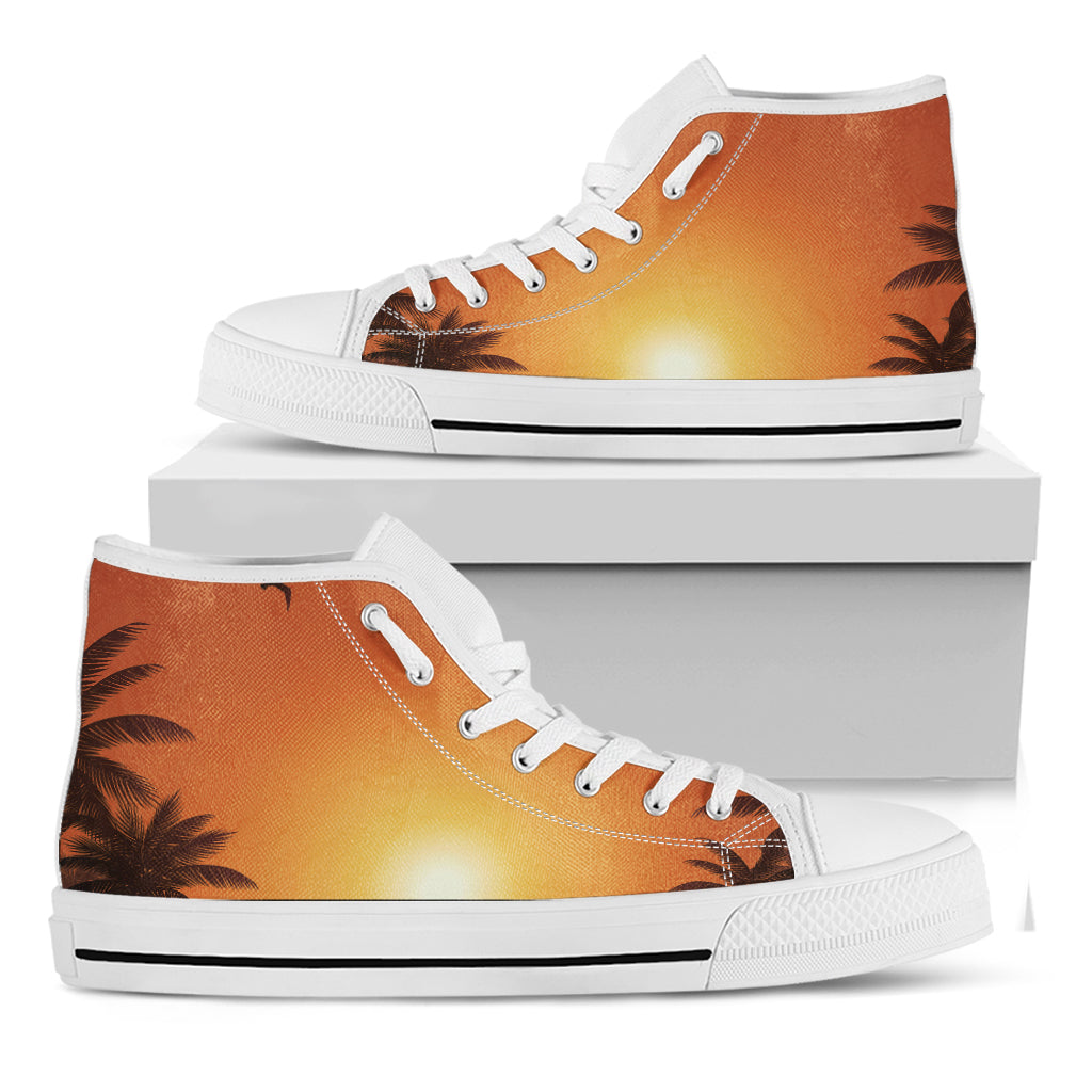 Palm Tree Beach Sunset Print White High Top Shoes
