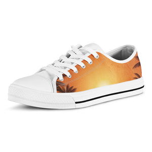 Palm Tree Beach Sunset Print White Low Top Shoes