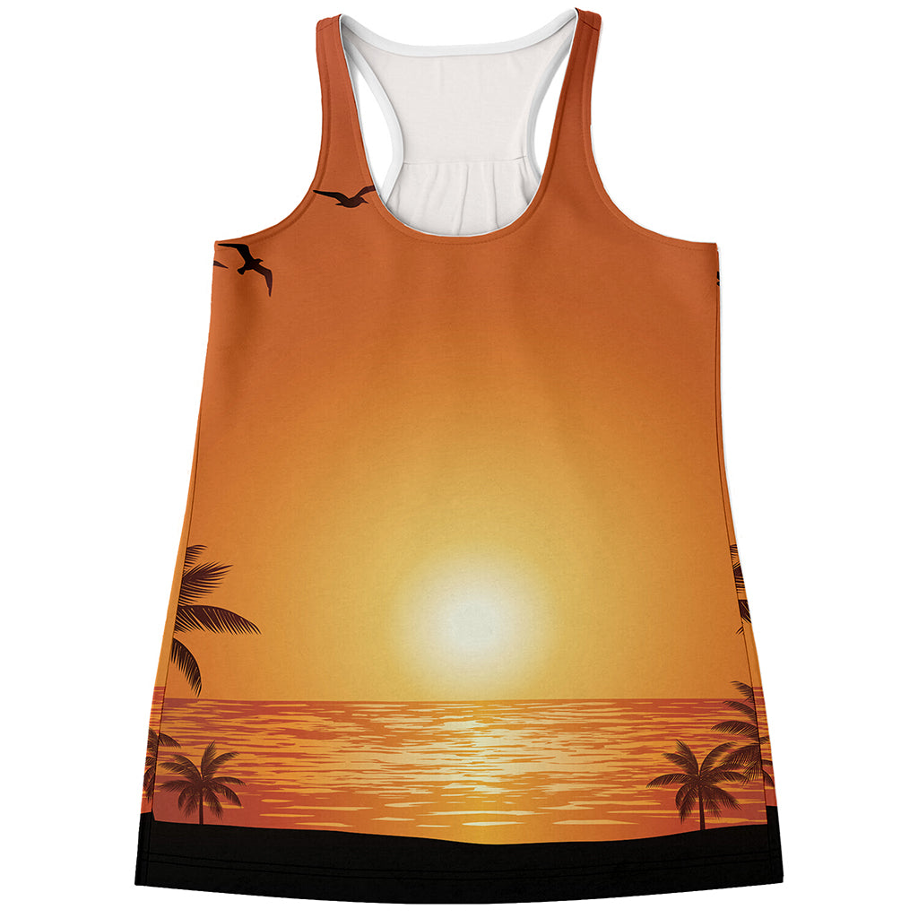 Palm Tree Beach Sunset Print Women's Racerback Tank Top