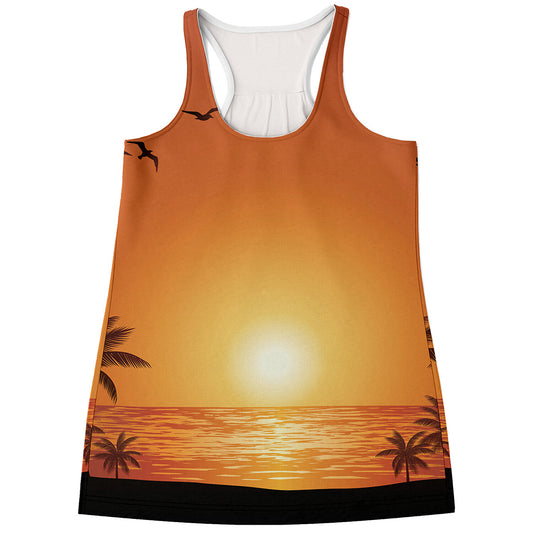 Palm Tree Beach Sunset Print Women's Racerback Tank Top