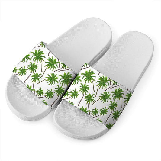 Palm Tree Pattern Print White Slide Sandals