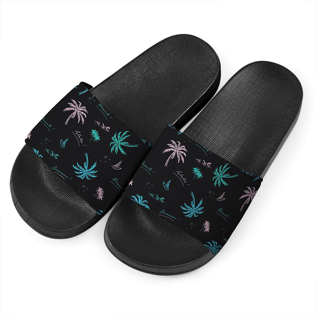 Palm Tree Summer Beach Pattern Print Black Slide Sandals