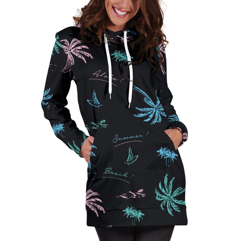 Palm Tree Summer Beach Pattern Print Hoodie Dress GearFrost