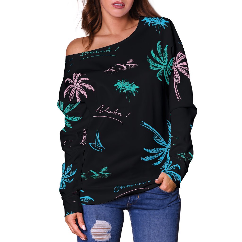 Palm Tree Summer Beach Pattern Print Off Shoulder Sweatshirt GearFrost