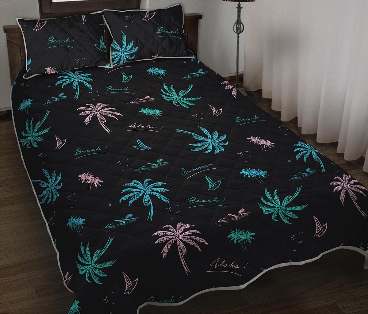 Palm Tree Summer Beach Pattern Print Quilt Bed Set