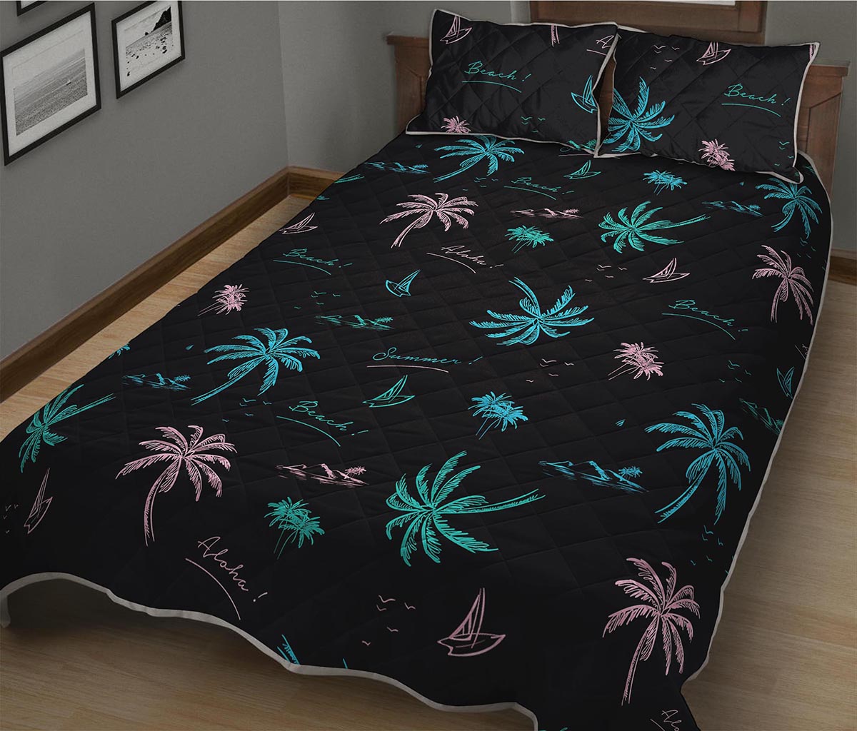 Palm Tree Summer Beach Pattern Print Quilt Bed Set