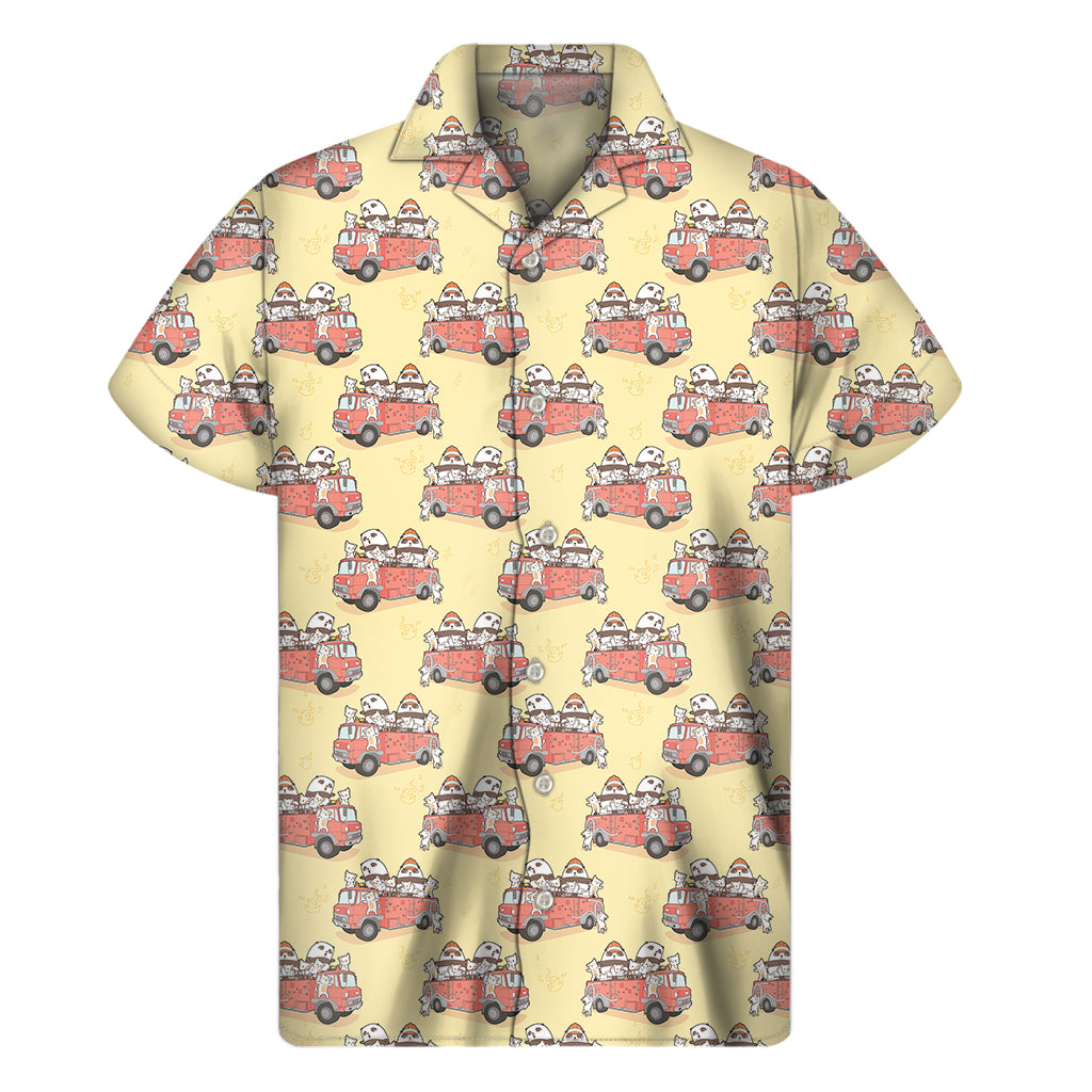 Panda Firefighter And Cat Pattern Print Men's Short Sleeve Shirt