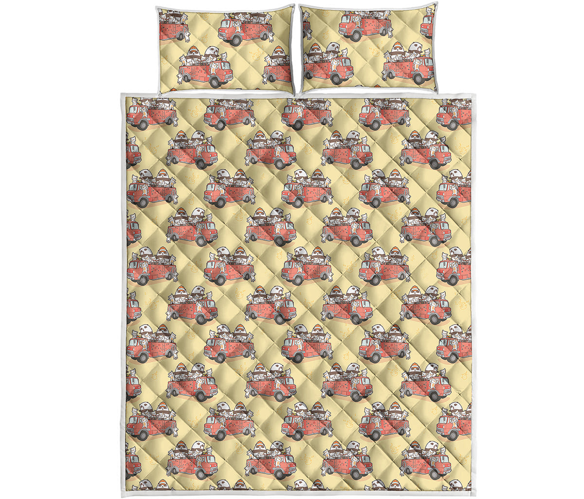 Panda Firefighter And Cat Pattern Print Quilt Bed Set