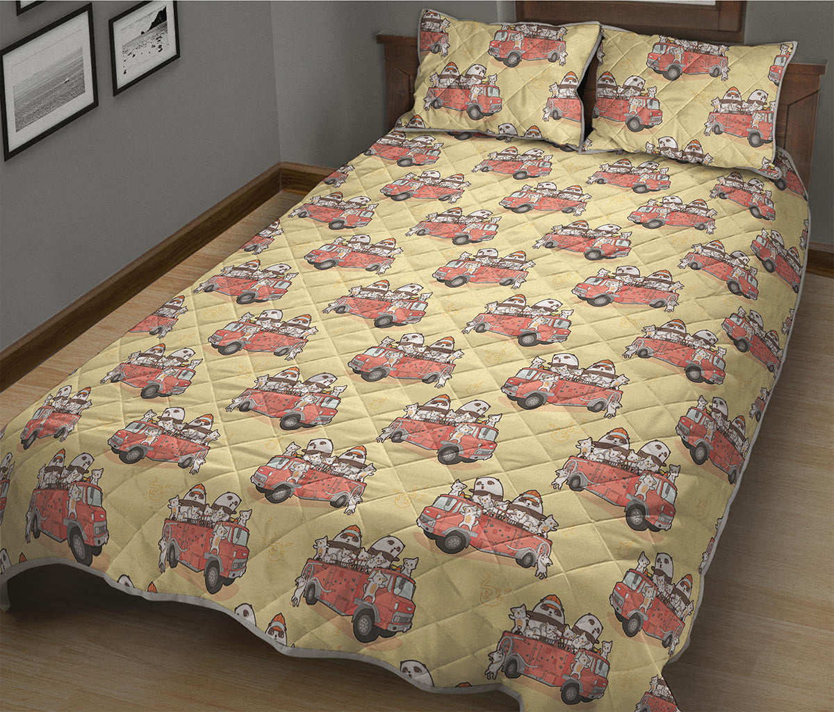 Panda Firefighter And Cat Pattern Print Quilt Bed Set