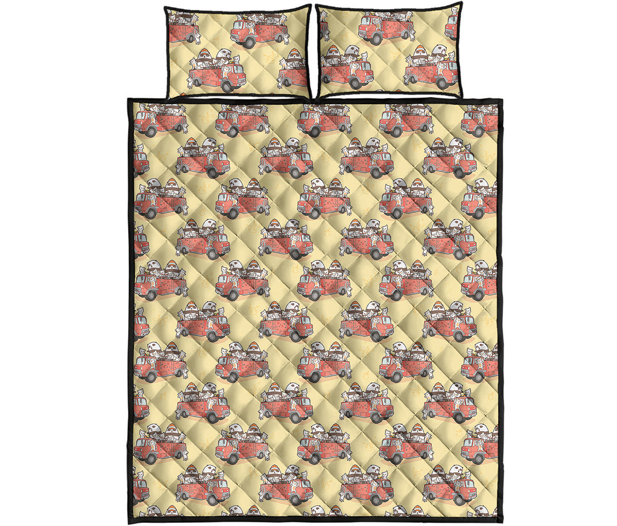 Panda Firefighter And Cat Pattern Print Quilt Bed Set