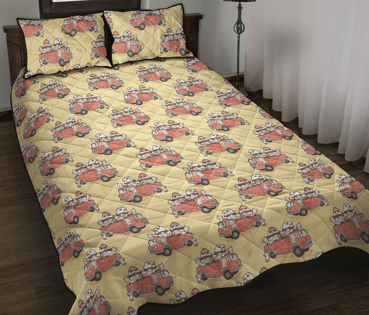 Panda Firefighter And Cat Pattern Print Quilt Bed Set