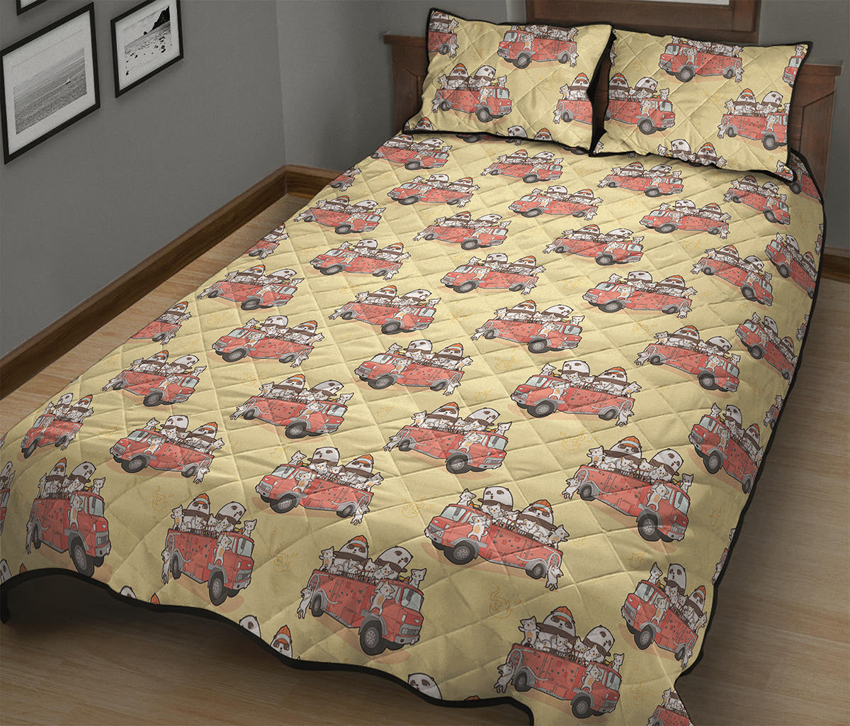 Panda Firefighter And Cat Pattern Print Quilt Bed Set