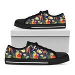 Parrot And Flower Pattern Print Black Low Top Shoes