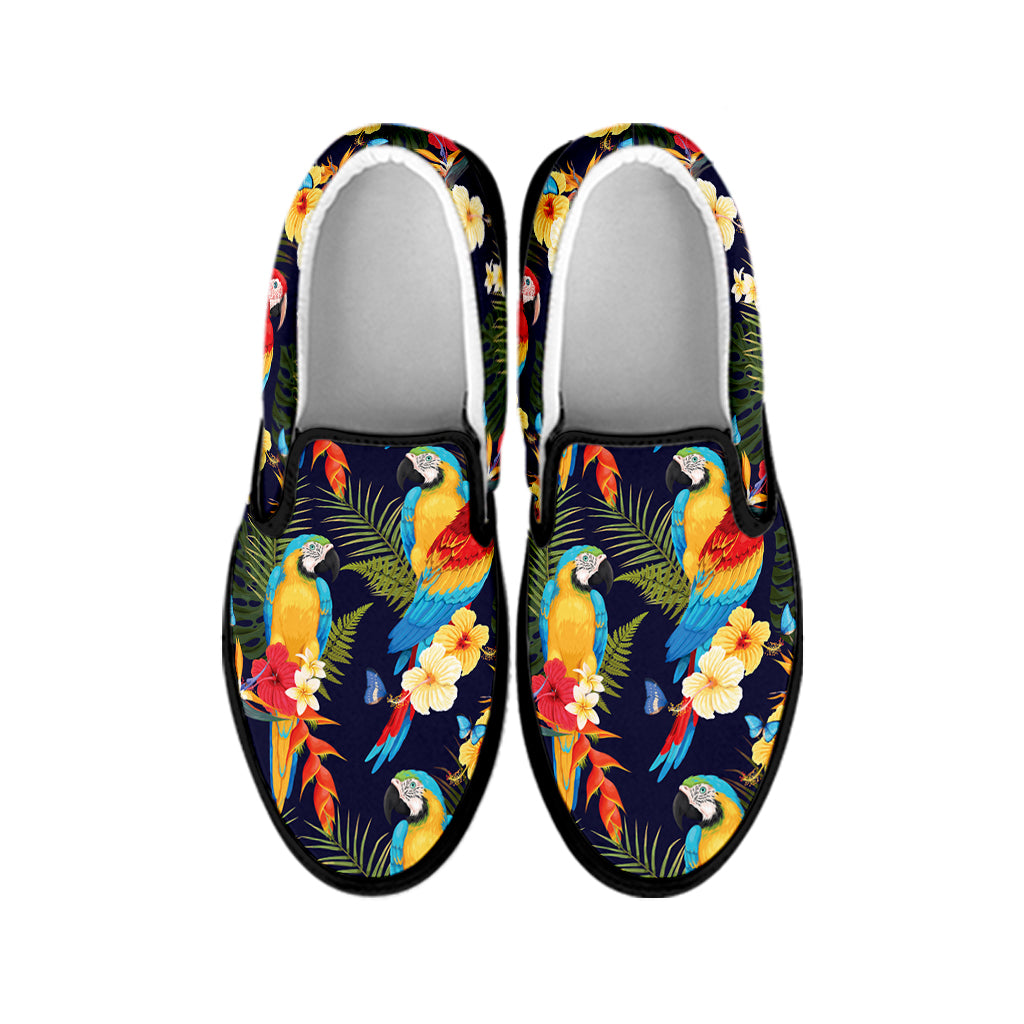 Parrot And Flower Pattern Print Black Slip On Shoes