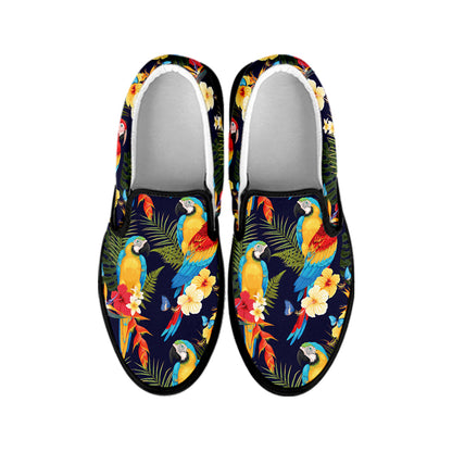 Parrot And Flower Pattern Print Black Slip On Shoes
