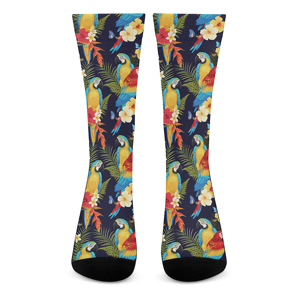 Parrot And Flower Pattern Print Crew Socks