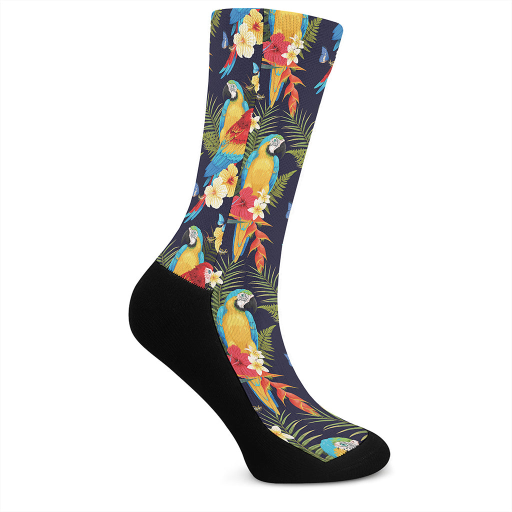 Parrot And Flower Pattern Print Crew Socks