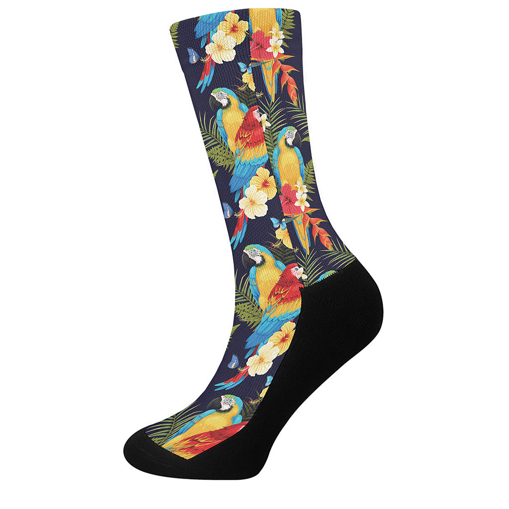 Parrot And Flower Pattern Print Crew Socks