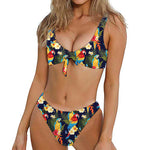 Parrot And Flower Pattern Print Front Bow Tie Bikini