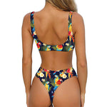 Parrot And Flower Pattern Print Front Bow Tie Bikini