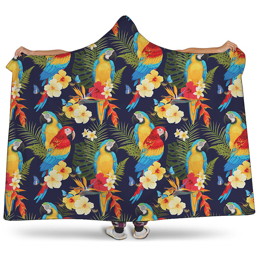 Parrot And Flower Pattern Print Hooded Blanket