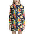 Parrot And Flower Pattern Print Pullover Hoodie Dress