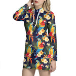 Parrot And Flower Pattern Print Hoodie Dress