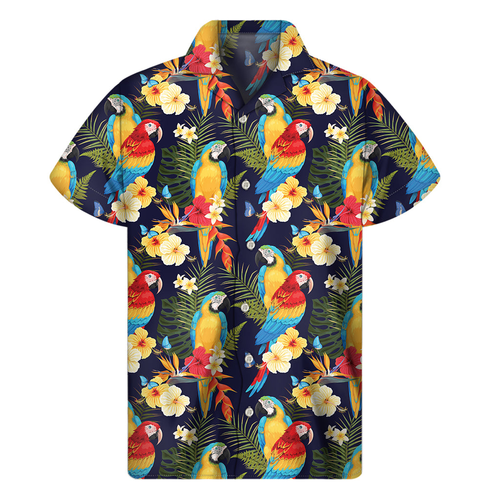 Parrot And Flower Pattern Print Men's Short Sleeve Shirt