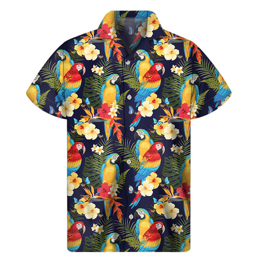 Parrot And Flower Pattern Print Men's Short Sleeve Shirt