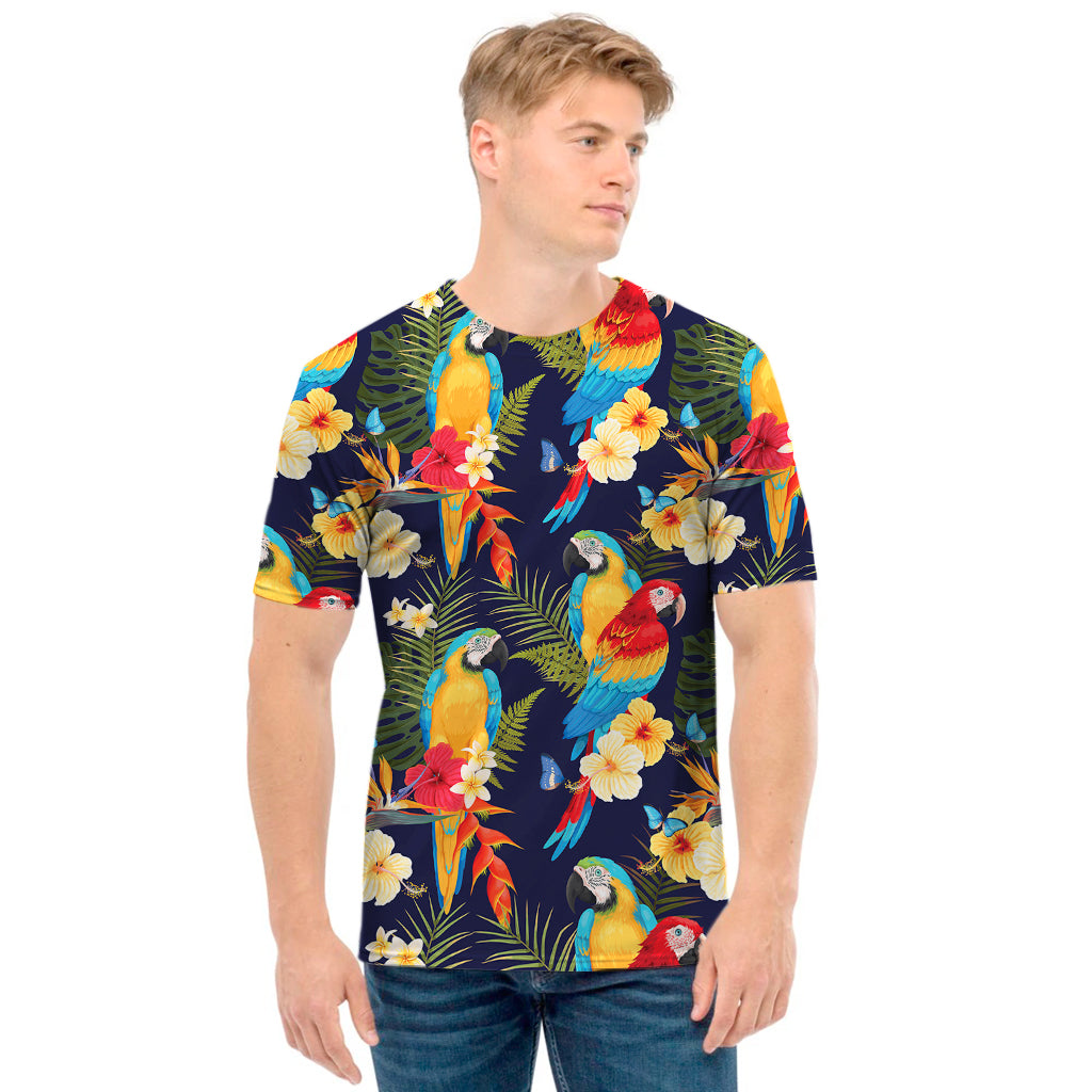 Parrot And Flower Pattern Print Men's T-Shirt