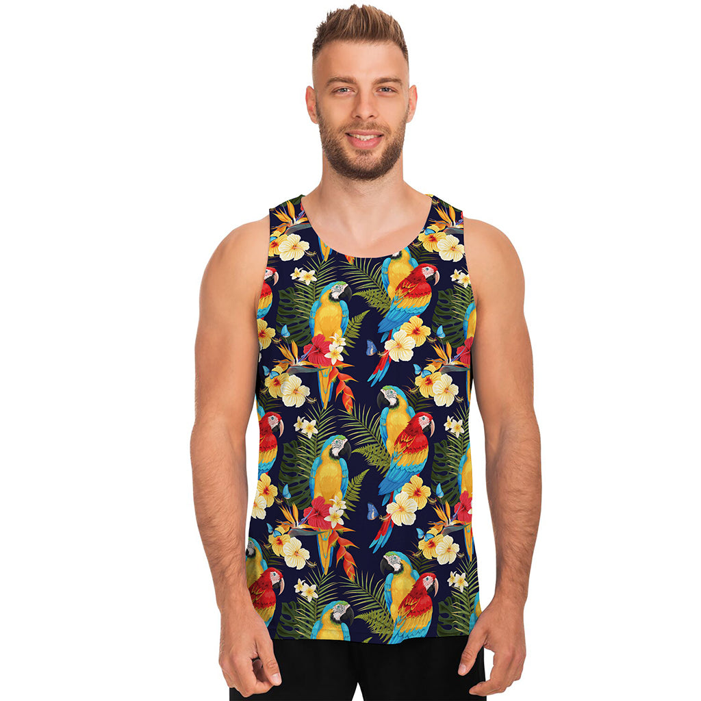 Parrot And Flower Pattern Print Men's Tank Top