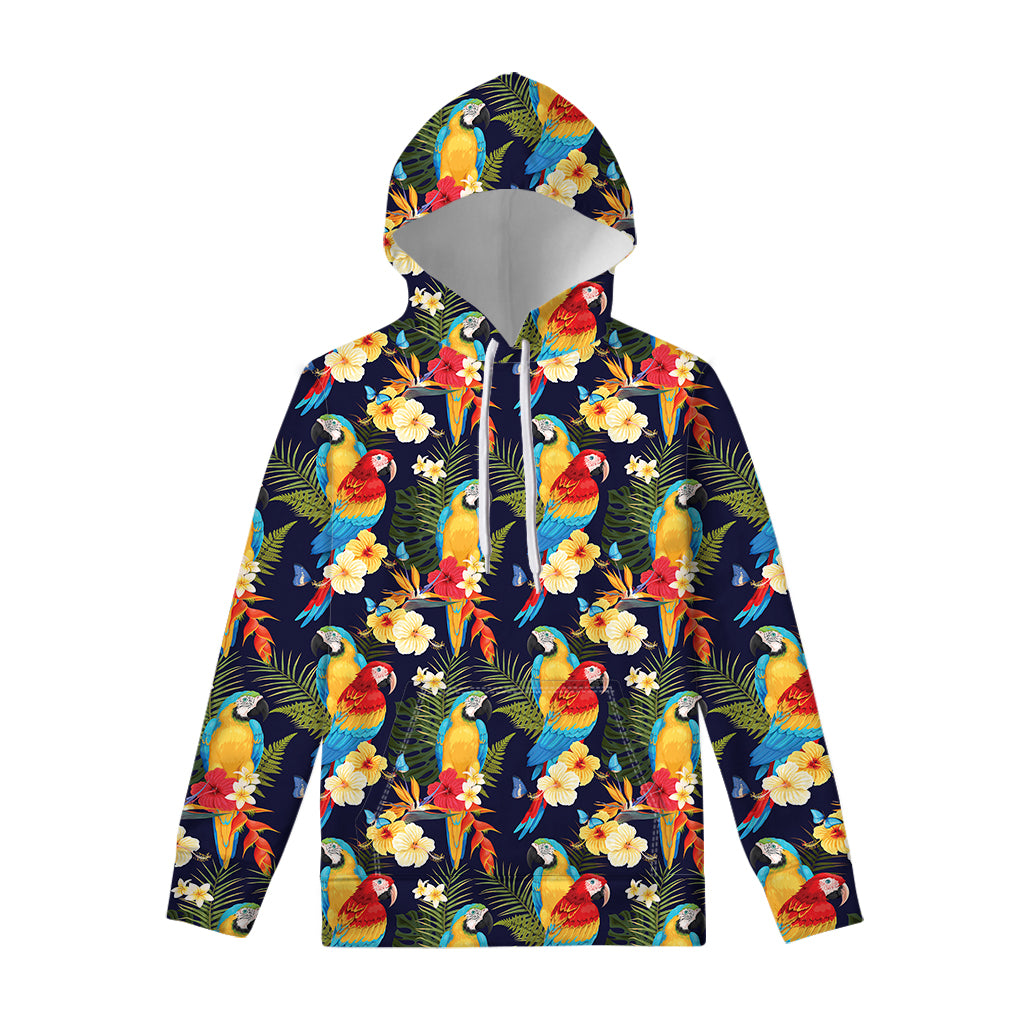 Parrot And Flower Pattern Print Pullover Hoodie
