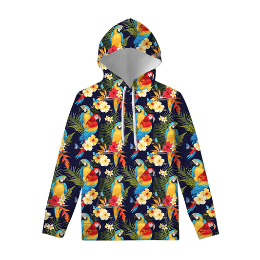 Parrot And Flower Pattern Print Pullover Hoodie