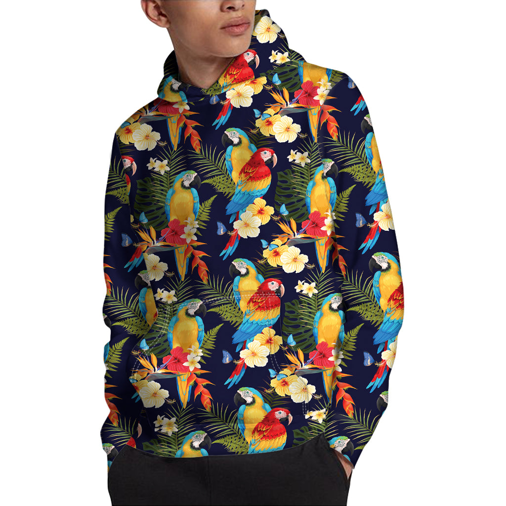 Parrot And Flower Pattern Print Pullover Hoodie