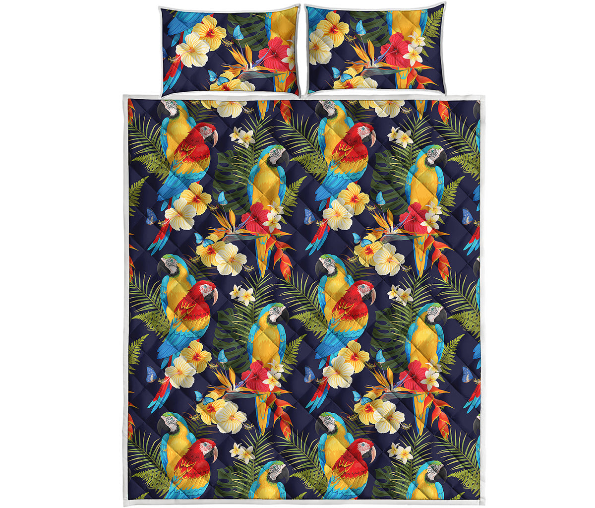 Parrot And Flower Pattern Print Quilt Bed Set