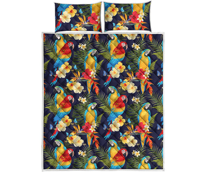 Parrot And Flower Pattern Print Quilt Bed Set